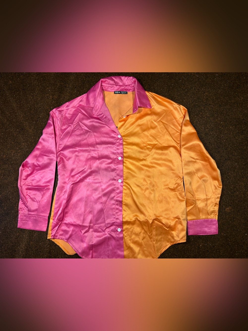 SHEIN Two-Tone Satin Button-Up Pink and Orange Blouse